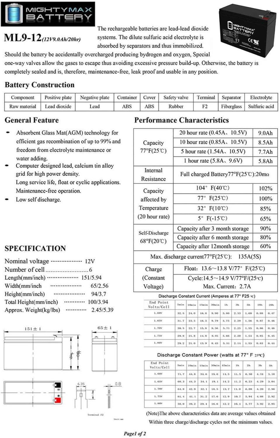 ML9-12 - 12 V 9 Ah Rechargeable SLA Battery - Mighty Max Battery Brand Product