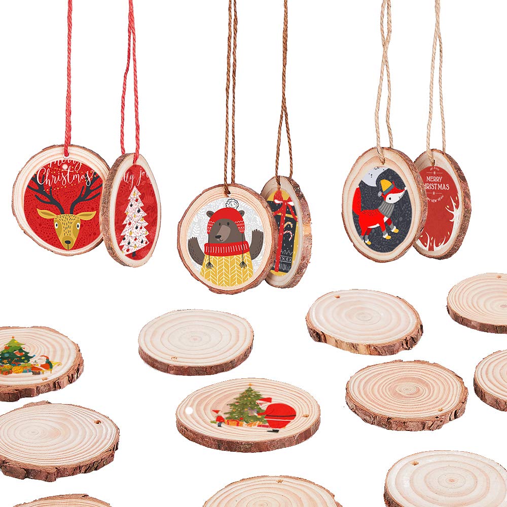 HOHOTIME Natural Wood Slices, 50 PCS 2''-2.4'' Unfinished Predrilled with Hole Wood Discs with Twine, Round Wood Circles DIY Craft Kit for Wedding Decoration Christmas Ornaments 🍁 All In One Marketplace Canada