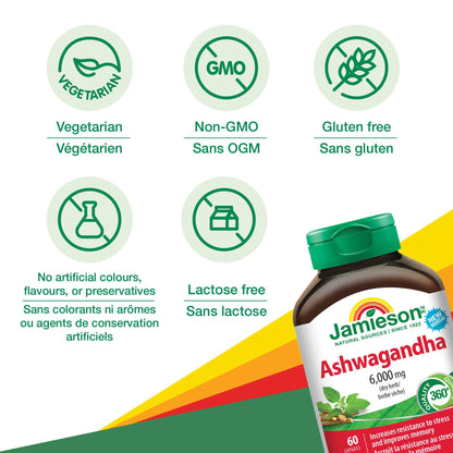 Jamieson High-Potency Ashwagandha 6,000 mg, Increases Resistance to Stress, Adaptogen, and Enhances Memory. Non-GMO, Vegetarian, Gluten-Free, Only One Per Day, 60 Capsules - Available at All In One Marketplace Canada