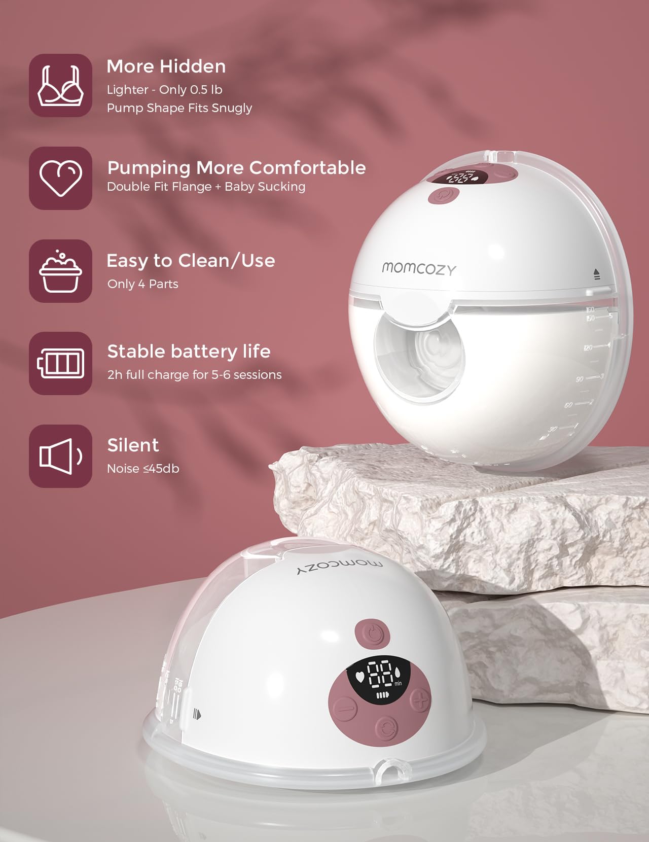 Momcozy M5 Smart App Control Hands Free Breast Pump, Double Wearable Breast Pump of Baby Mouth Double-Sealed Flange with 3 Modes & 9 Levels, Electric Pump Portable - 24mm, 2 Pack, Cozy Red