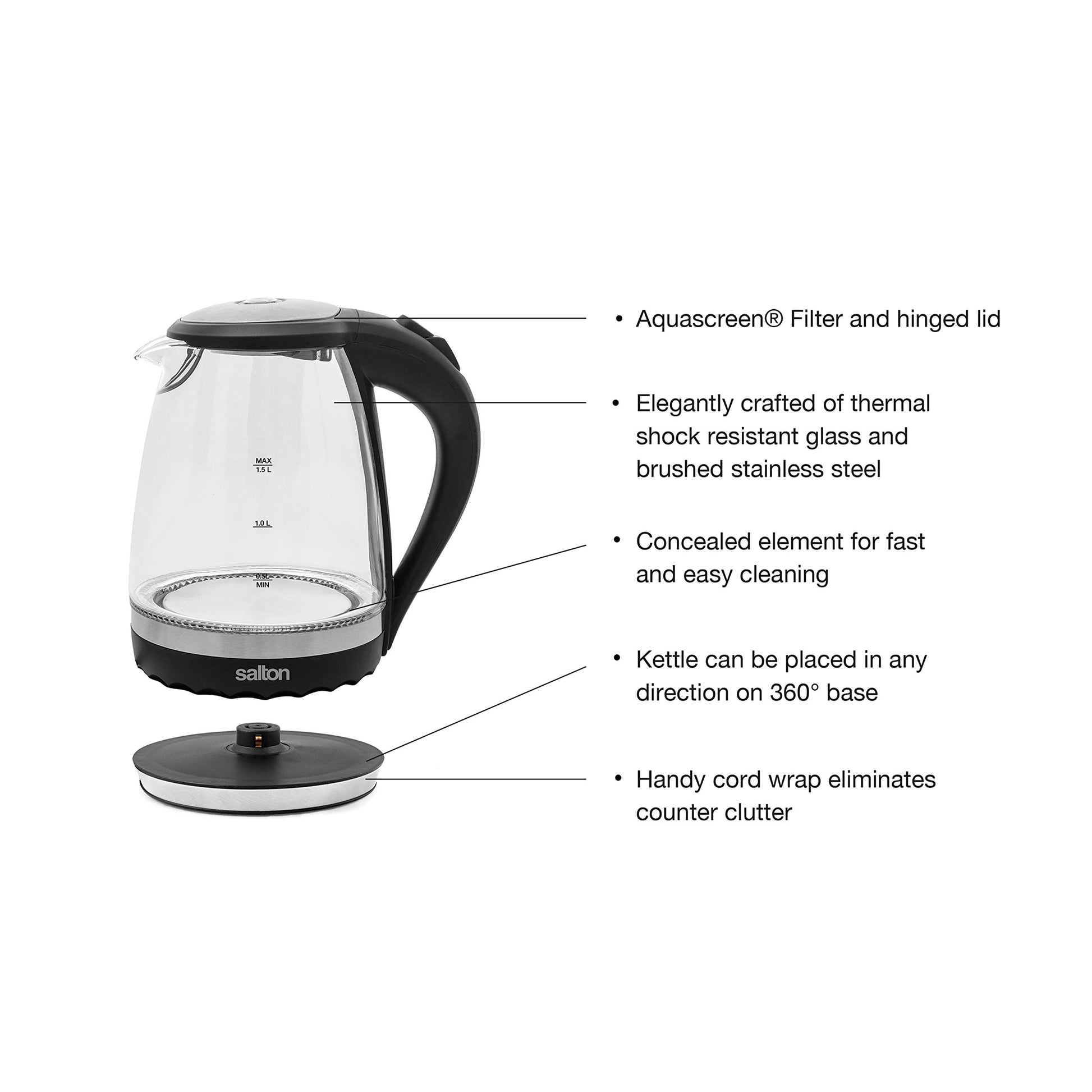 Salton Cordless Electric Glass Kettle - Compact 1.5L/Quart Water Boiler and Tea Heater with Automatic Shut-Off and Boil-Dry Protection, Soft Blue Illumination, Stainless Steel, 1100 Watts Salton