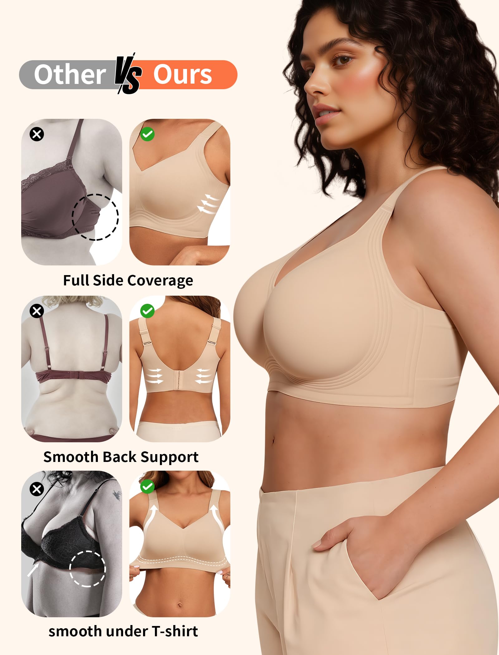 PoseFree Jelly Bras for Women Full Coverage Full Support and Lift No Underwire Back Smoothing Bralette Everyday Bra (Nude,XL)