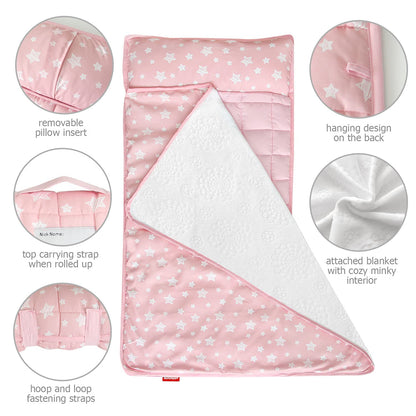 Toddler Nap Mat with Removable Pillow and Fleece Minky Blanket, Winter Sleeping Bag Soft Perfect for Preschool, Daycare, Travel Sleeping Bag Girls/Boys, Designed to Fit on a Standard Cot, Pink Star 🍁 All In One Marketplace Canada