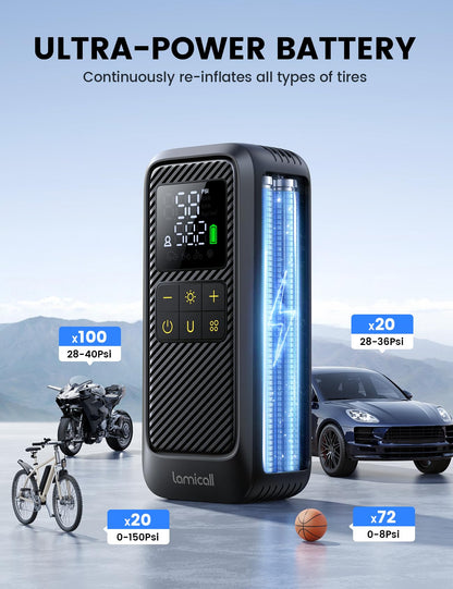 Lamicall Tire Inflator Portable Air Compressor - [5X Faster Inflation] Air Pump with Digital Pressure Gauge & LED Light, 150PSI Electric Tyre Pump for Car Motorcycle Wheel Simulator, Wheel, Mom Gift