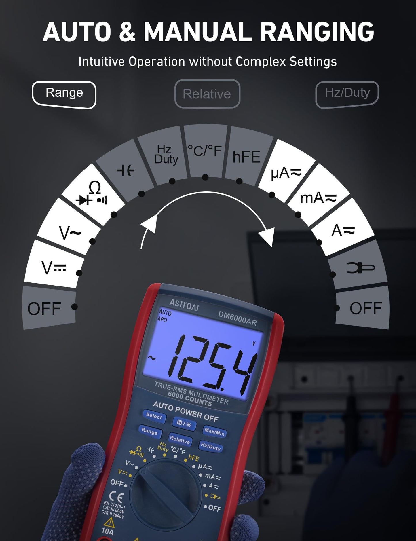 AstroAI Digital Multimeter 6000, Multi Meter - Measures Voltage, Current, Resistance, Continuity, Capacitance, Diode, Temperature – Voltmeter with Backlit LCD, Data Hold, Safety Rated CAT III, Blue