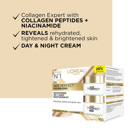 L'Oréal Paris Day & Night Face Moisturizer Cream Skincare Kit (2-Piece), Age Perfect Collagen Expert, with Collagen Peptides + Niacinamides, For Mature Skin, Suitable for Sensitive Skin Skincare kit, 2 x 70 ml L'Oreal Paris