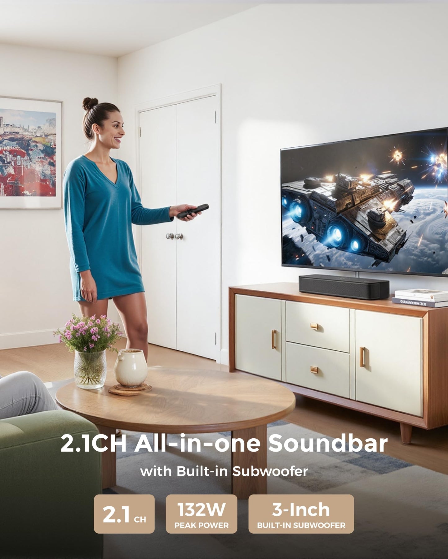 ULTIMEA 2.1ch Sound Bar for TV, Built-in Subwoofer, Peak Power 132W, App Control, 16 Inches Bluetooth 5.4 TV Speakers Soundbar, All-in-one PC Soundbar for Game, Opt/AUX/Wall Mount, Poseidon M20 Pro