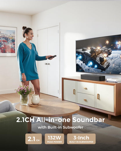 ULTIMEA 2.1ch Sound Bar for TV, Built-in Subwoofer, Peak Power 132W, App Control, 16 Inches Bluetooth 5.4 TV Speakers Soundbar, All-in-one PC Soundbar for Game, Opt/AUX/Wall Mount, Poseidon M20 Pro