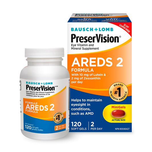 PreserVision AREDS 2 Eye Vitamin & Mineral Supplement, Contains Lutein, Vitamin C, Zeaxanthin, Zinc, Vitamin E, Eye Health Supplements for Adults, 120 Mini Soft Gels (packaging may vary)