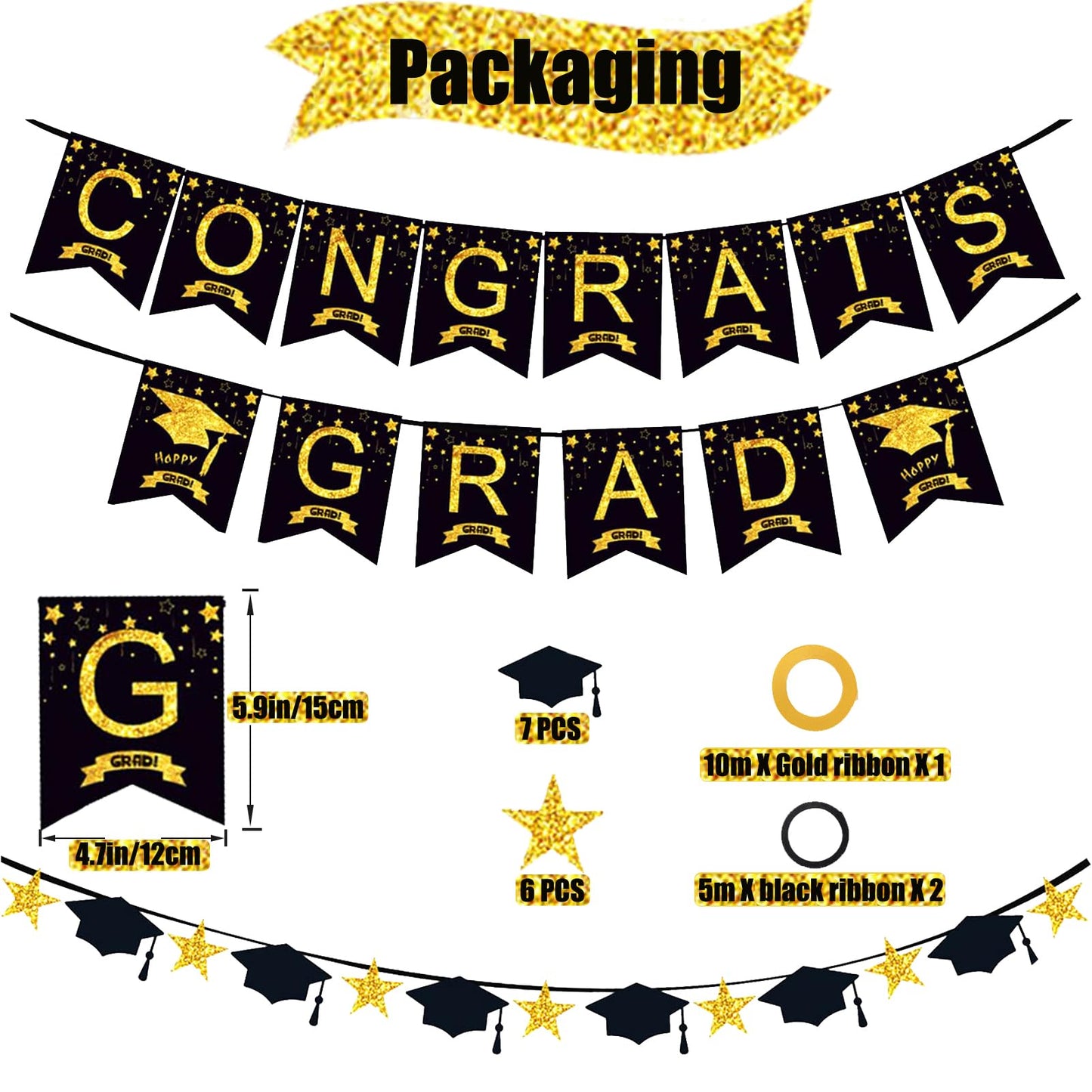 Graduation Decorations Class of 2026, 12Pcs Black and Gold balloons with Swirl and Graduation Garland Congrats Grad 2026 Banner for College High School Party Supplies - Available at All In One Marketplace Canada