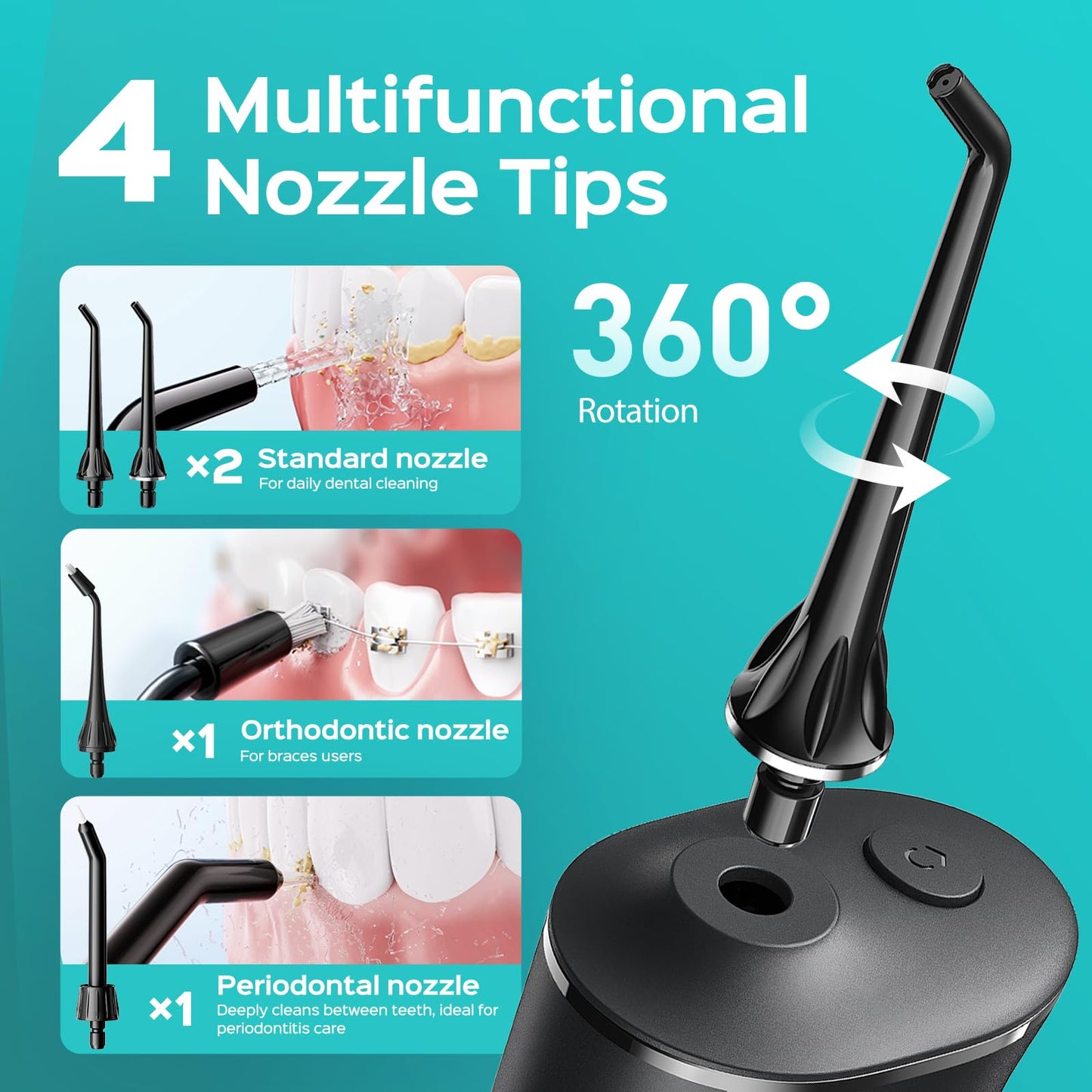 COSLUS C50 Water Flosser for Teeth: 4 Modes & 5 Intensities Water Dental Pick with MDL Accepted for Orthodontic, Braces & Gums Care - Portable for Travel, 4 Tips for Family Use, BPA-Free, Black - Available at All In One Marketplace Canada