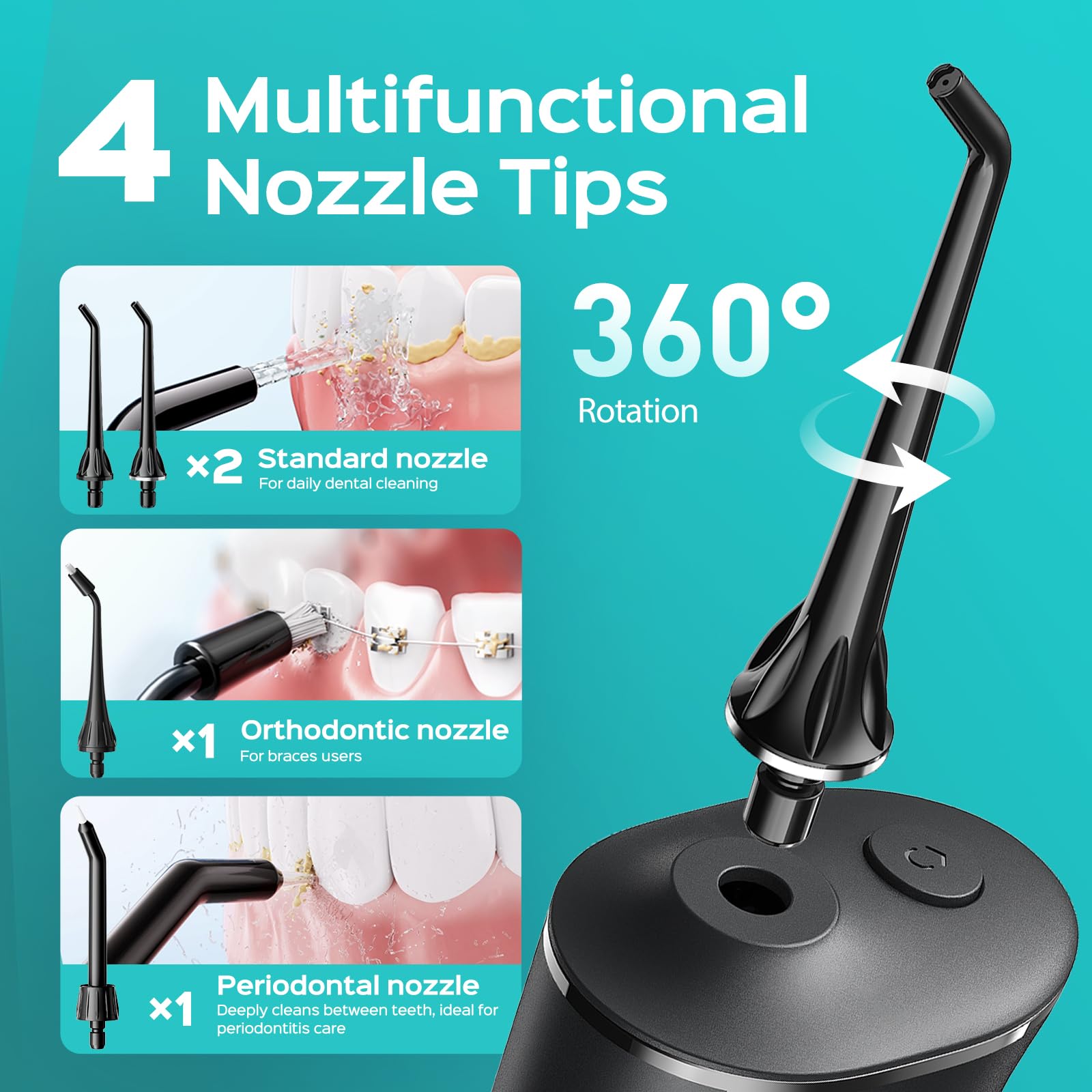 COSLUS C50 Water Flosser for Teeth: 4 Modes & 5 Intensities Water Dental Pick with MDL Accepted for Orthodontic, Braces & Gums Care - Portable for Travel, 4 Tips for Family Use, BPA-Free, Black - Available at All In One Marketplace Canada