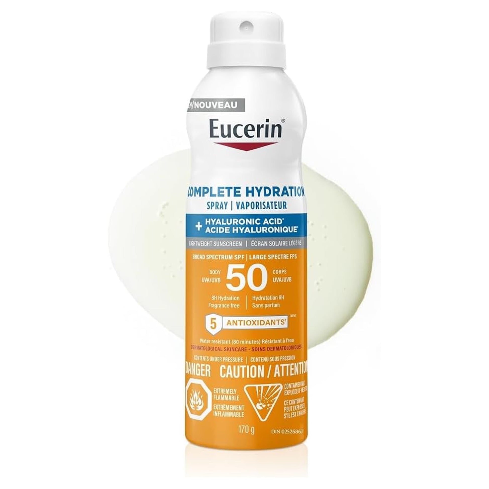 Eucerin Complete Hydration Sunscreen Spray, Daily Body Sunscreen SPF 50 With Hyaluronic Acid, Lightweight Body SPF 50 Spray with UVA-UVB Sun Protection, Fragrance Free & Water Resistant, 170 g Spray Bottle - Available at All In One Marketplace Canada