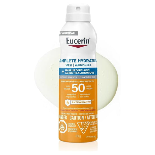 Eucerin Complete Hydration Sunscreen Spray, Daily Body Sunscreen SPF 50 With Hyaluronic Acid, Lightweight Body SPF 50 Spray with UVA-UVB Sun Protection, Fragrance Free & Water Resistant, 170 g Spray Bottle - Available at All In One Marketplace Canada