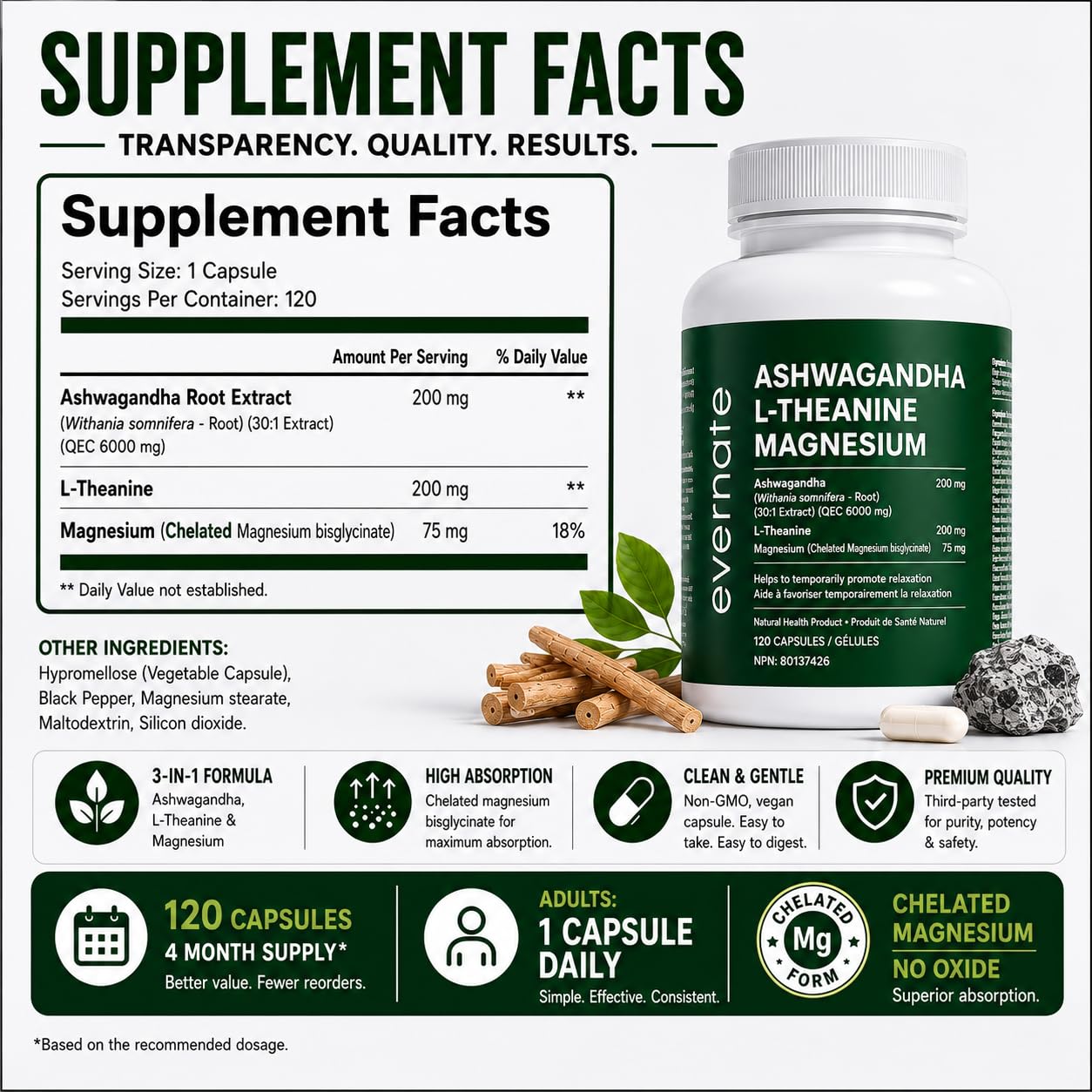 ALL-IN-ONE Ashwagandha 6000mg with L-Theanine 200mg & Magnesium Bisglycinate Chelated – Stress, Sleep, Mood, Calm & Relaxation Support – Non-GMO Vegan – 120 Capsules, 4 Month Supply – 1 Capsule Daily – Made in Canada - Available at All In One Marketplace Canada