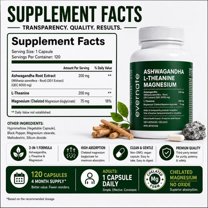 ALL-IN-ONE Ashwagandha 6000mg with L-Theanine 200mg & Magnesium Bisglycinate Chelated – Stress, Sleep, Mood, Calm & Relaxation Support – Non-GMO Vegan – 120 Capsules, 4 Month Supply – 1 Capsule Daily – Made in Canada - Available at All In One Marketplace Canada