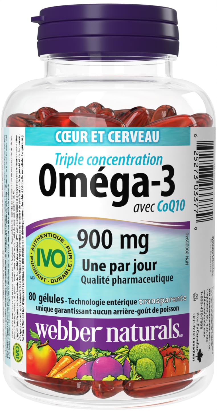 Webber Naturals Omega-3 with CoQ10, 80 Clear Enteric No Fishy Aftertaste Softgels, Supports Cardiovascular Health and Brain Function - Available at All In One Marketplace Canada