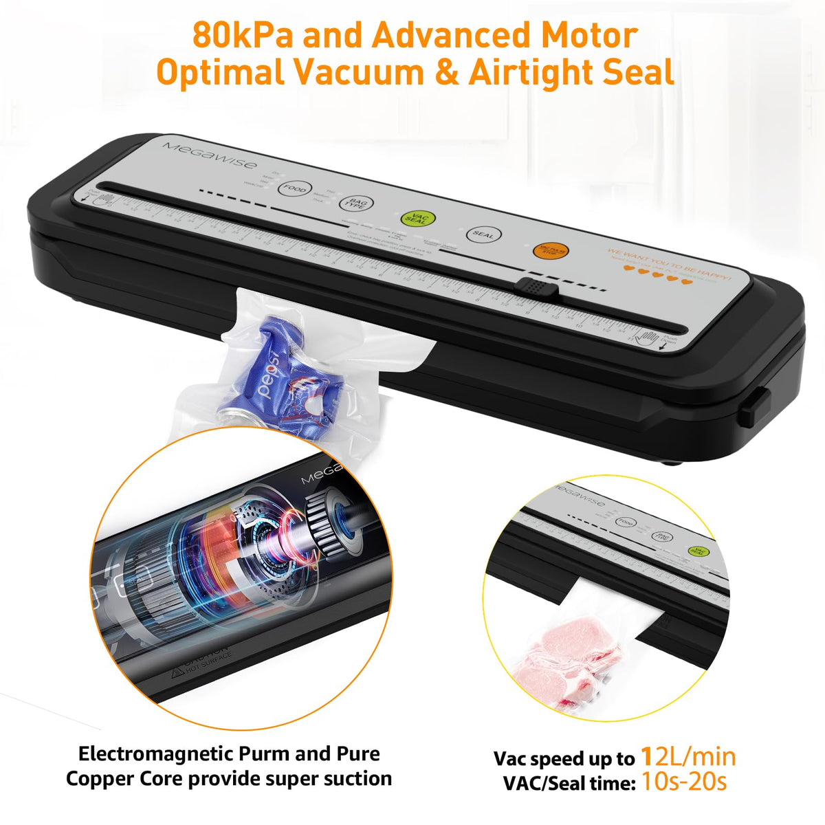 MEGAWISE Vacuum Sealer Machine, 80kPa, 4 Food Modes, Built-In Cutter, Gray