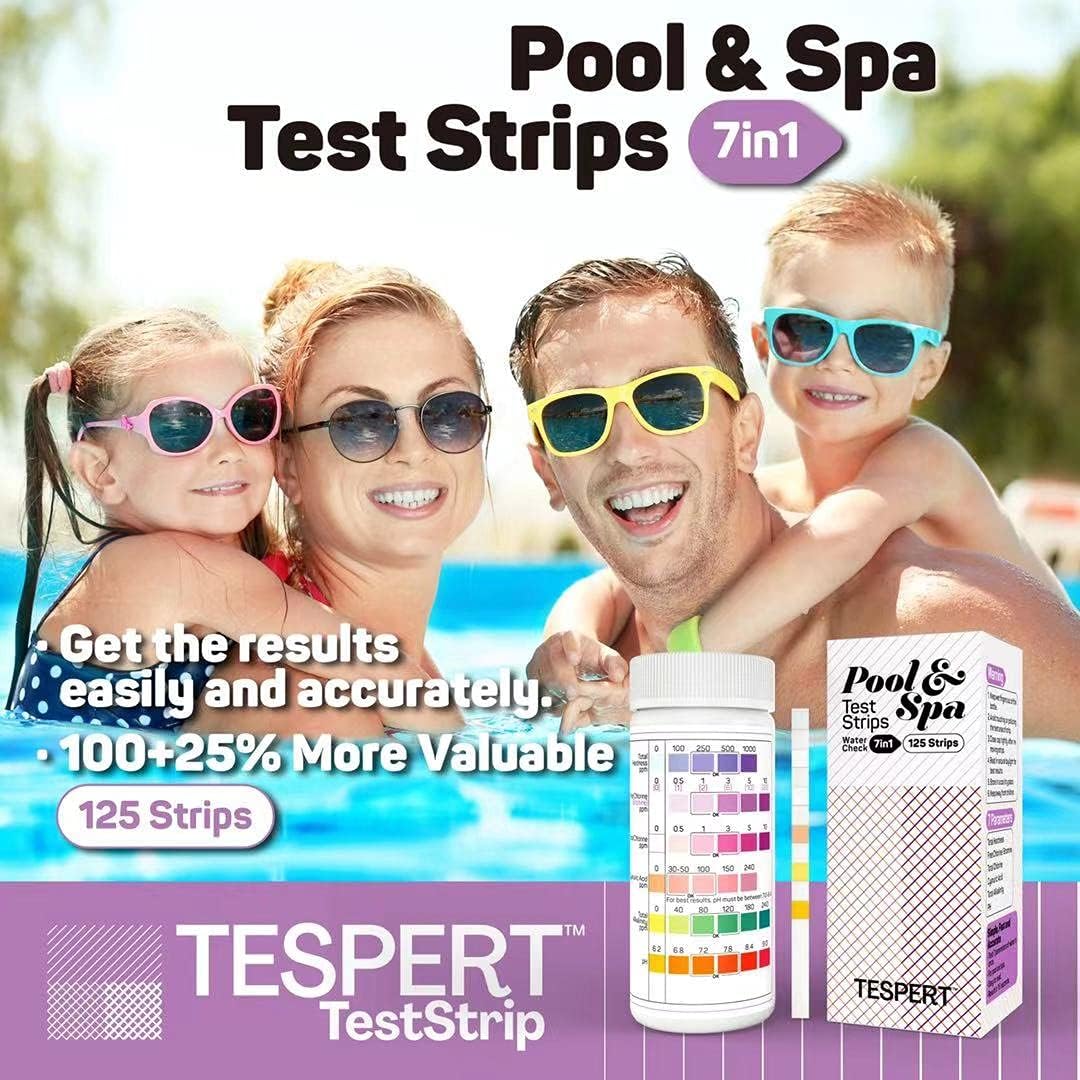TESPERT Pool and Spa Test Strips Hot Tub Test Strips 7-in-1 125 Strips Pack, Chemistry Test Kit for Test Bromine, Total Alkalinity, pH, Free Chlorine, Total Hardness, Cyanuric Acid, and Total Chlorine
