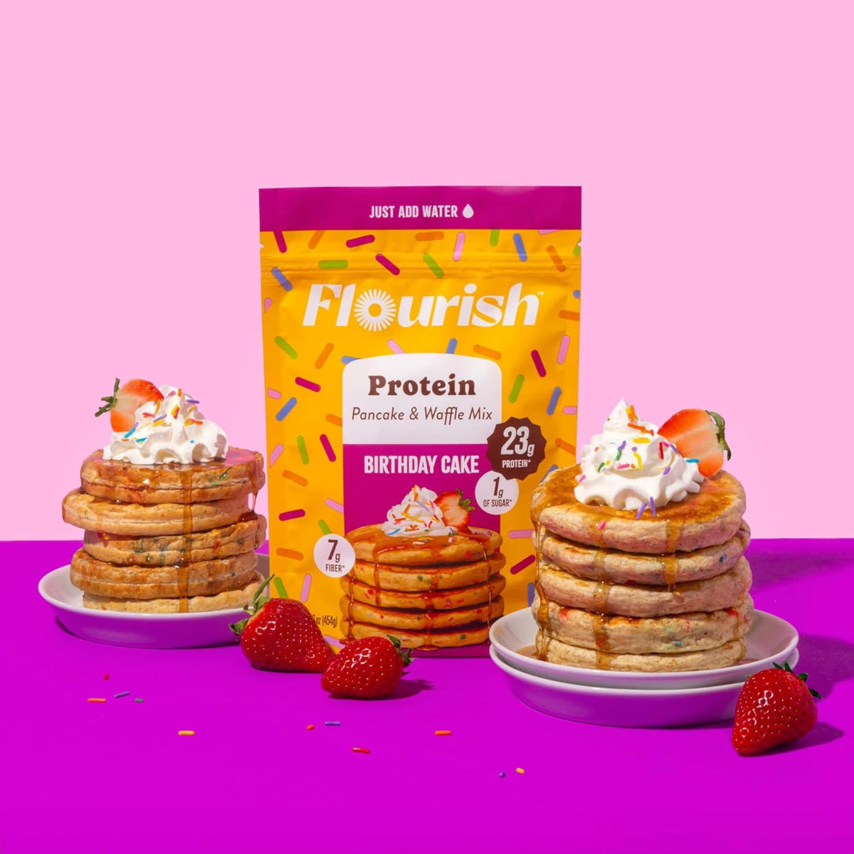 Flourish Protein Pancake & Waffle Mix with Whey Protein, No Added Sugar, High in Fiber, Just Add Water - Birthday Cake Flavour, 430 g Each (2 Pack) - Made in Canada (Two Pack, Birthday Cake) 🍁 All In One Marketplace Canada