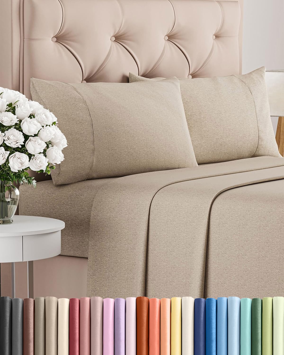 Queen Size 4 Piece Sheet Set - Comfy Breathable & Cooling Sheets - Hotel Luxury Bed Sheets for Women & Men - Deep Pockets, Easy-Fit, Soft & Wrinkle Free Sheets - Heathered Beige Oeko-Tex Bed Sheet Set
