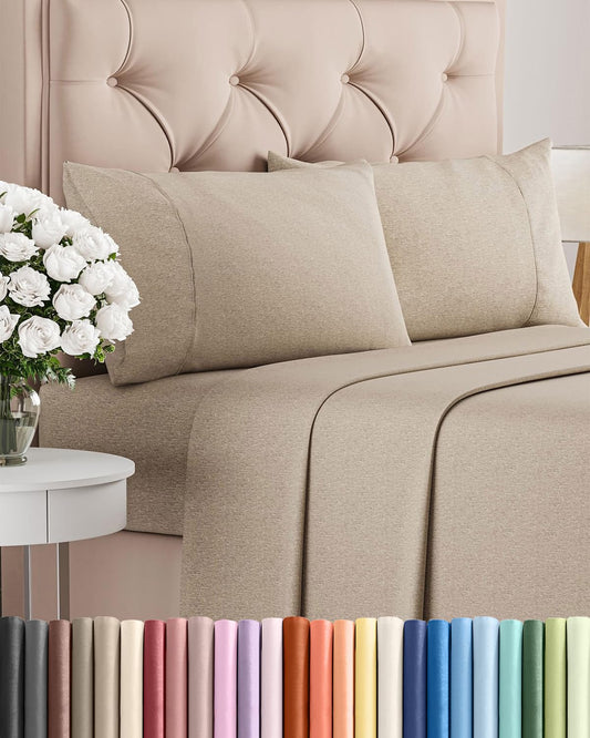 Queen Size 4 Piece Sheet Set - Comfy Breathable & Cooling Sheets - Hotel Luxury Bed Sheets for Women & Men - Deep Pockets, Easy-Fit, Soft & Wrinkle Free Sheets - Heathered Beige Oeko-Tex Bed Sheet Set