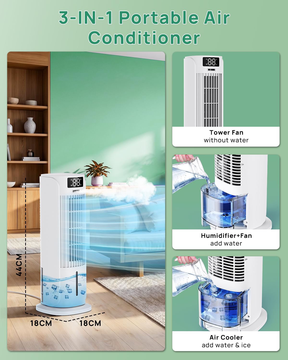 Portable Air Conditioner, 800ML Water Tank, 6 Speeds & 2 Cool Mist, 3 IN 1 Air Cooler, 90° Auto Oscillation, 12H Timer, 5M Remote Control, Quiet Cooling Tower Fan Air Conditioner for Room Office - Available at All In One Marketplace Canada