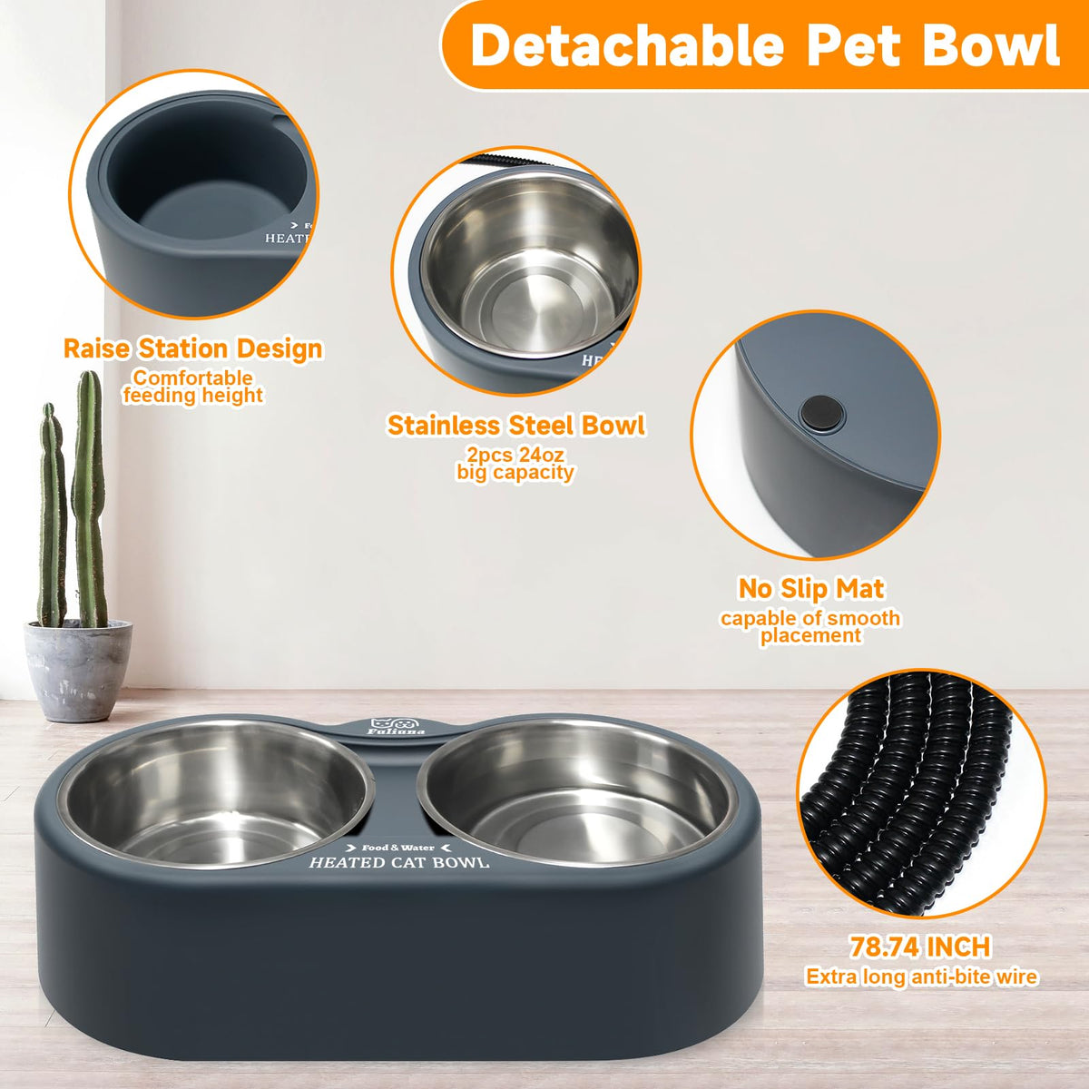 Fuliuna Heated Cat Bowl, Outdoor Heated Pet Bowl with Double Stainless Steel Bowl 24 OZ, Water Food Bowl for Cat Pet, Thermal Pet Bowl Provide Drinkable Water and Hot Food in Winter. 🍁 All In One Marketplace Canada