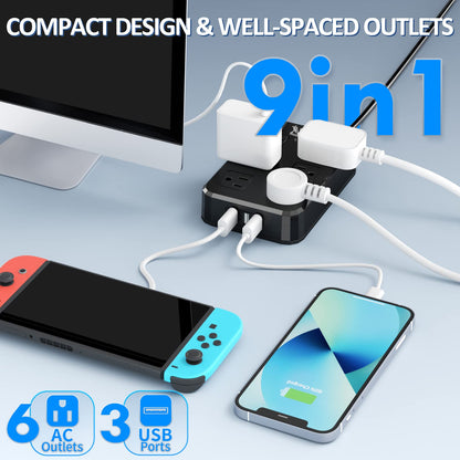 Outdoor Power Strip Weatherproof, Waterproof Surge Protector with 6 Wide Outlet with 3 USB Ports, 6FT Long Extension Cord,1875W Overload Protection，Outlet Extender for Christmas Lights ETL Black - Available at All In One Marketplace Canada