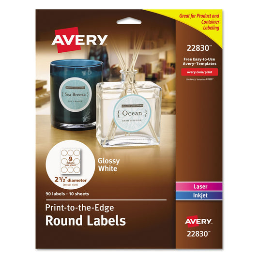 Avery Étiquettes rondes blanches lustrées, 2,5" de diamètre, pour imprimantes laser/jet d'encre, blanc lustré, 90 étiquettes/paquet, permanent (22830) Fabriqué au Canada 🍁 All In One Marketplace Canada