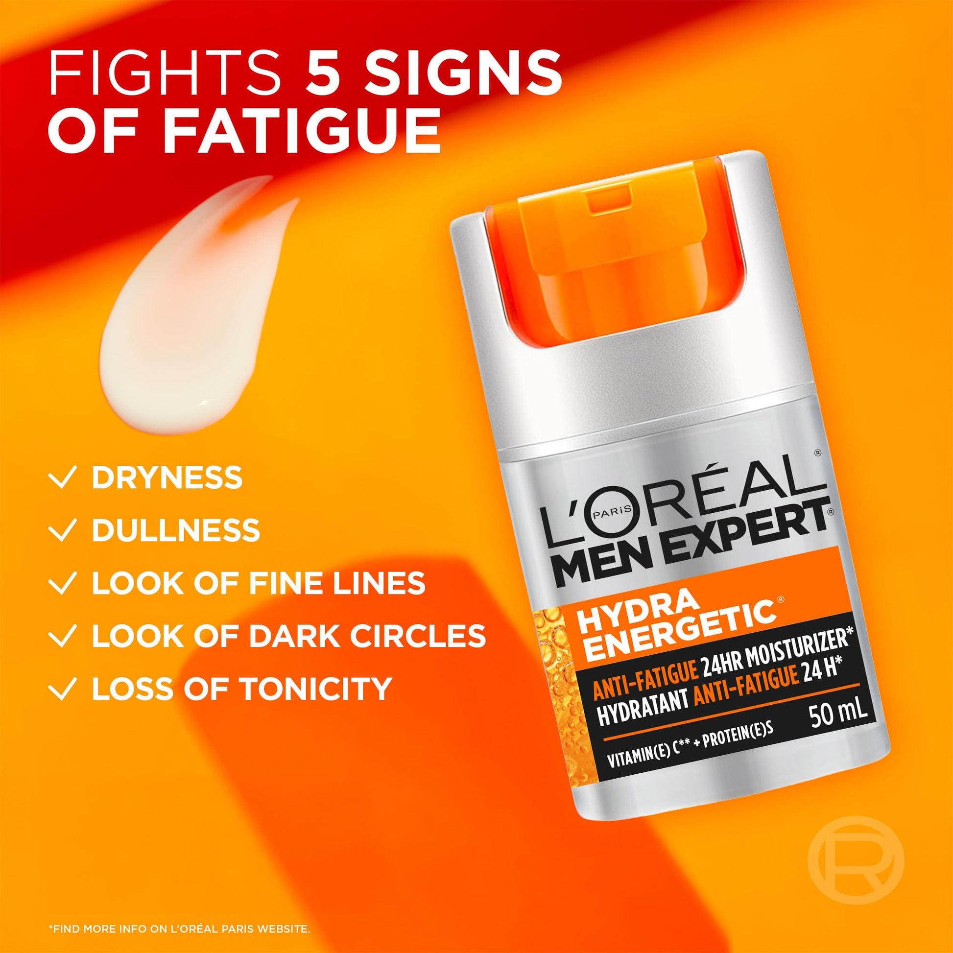 L’Oréal Paris Men Expert Anti Fatigue Daily Moisturizer for Men with Vitamin C & Protein, 24HR Non Greasy Hydration, For Dry and Dull Skin, Reduces look of fine lines & dark circles, Hydra Energetic, 50ml