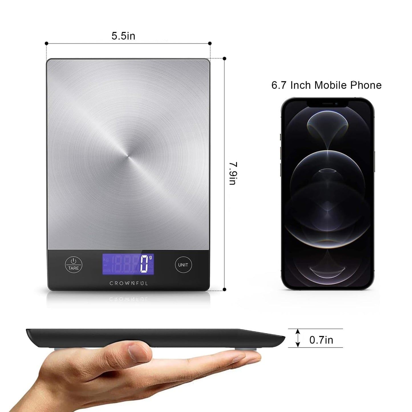 CROWNFUL Food Scale, Rechargeable 304 Stainless Steel Digital Kitchen Scale Up to 15kg/33lb Weight Grams and Ounces with LCD Display and Type-C Charging for Baking and Cooking - Available at All In One Marketplace Canada