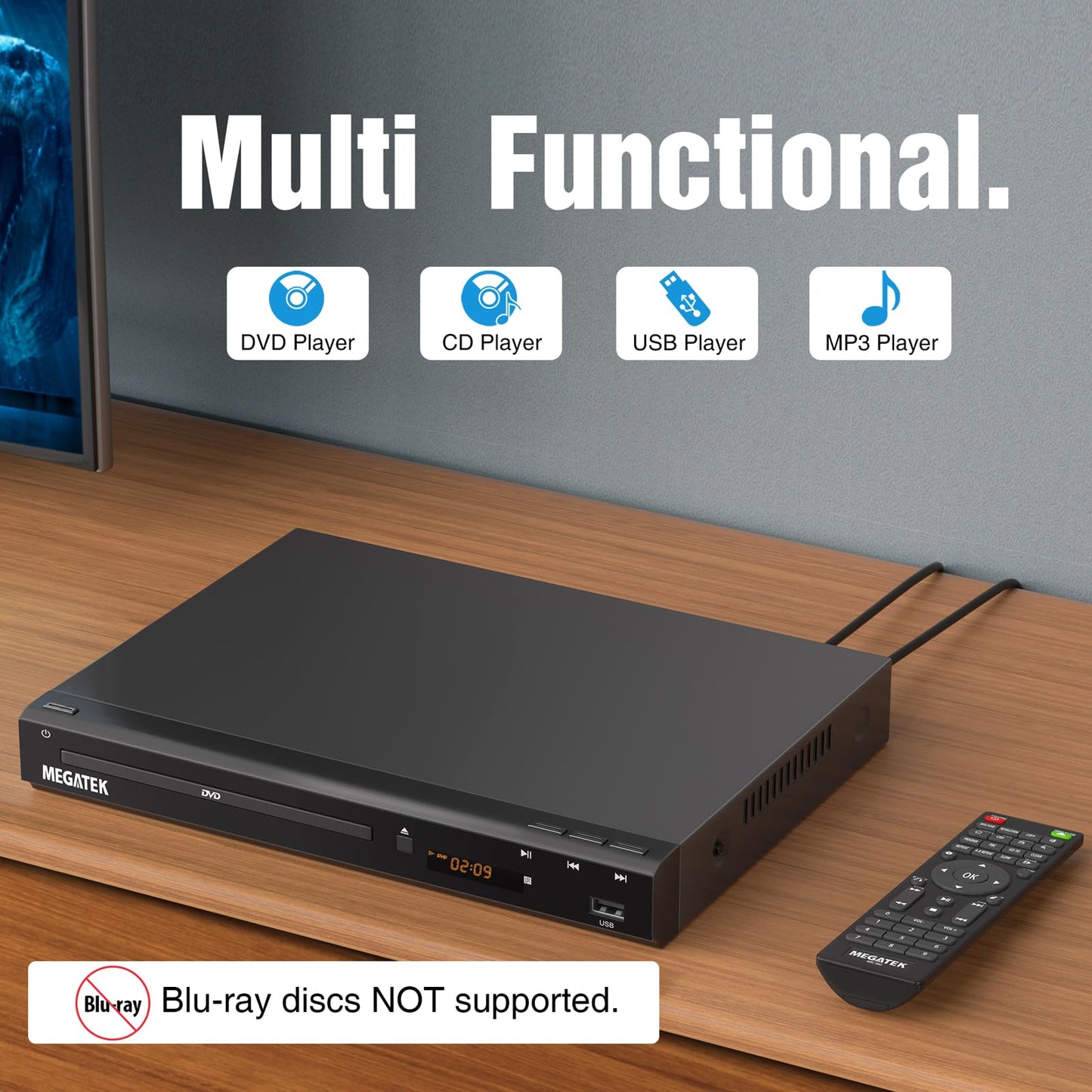 MEGATEK Region-Free HDMI DVD Player for TV, Compact CD/DVD Player with USB Port, Plays All Region DVDs & Multi Formats, Metal Housing, HDMI/RCA Cables & Remote Included