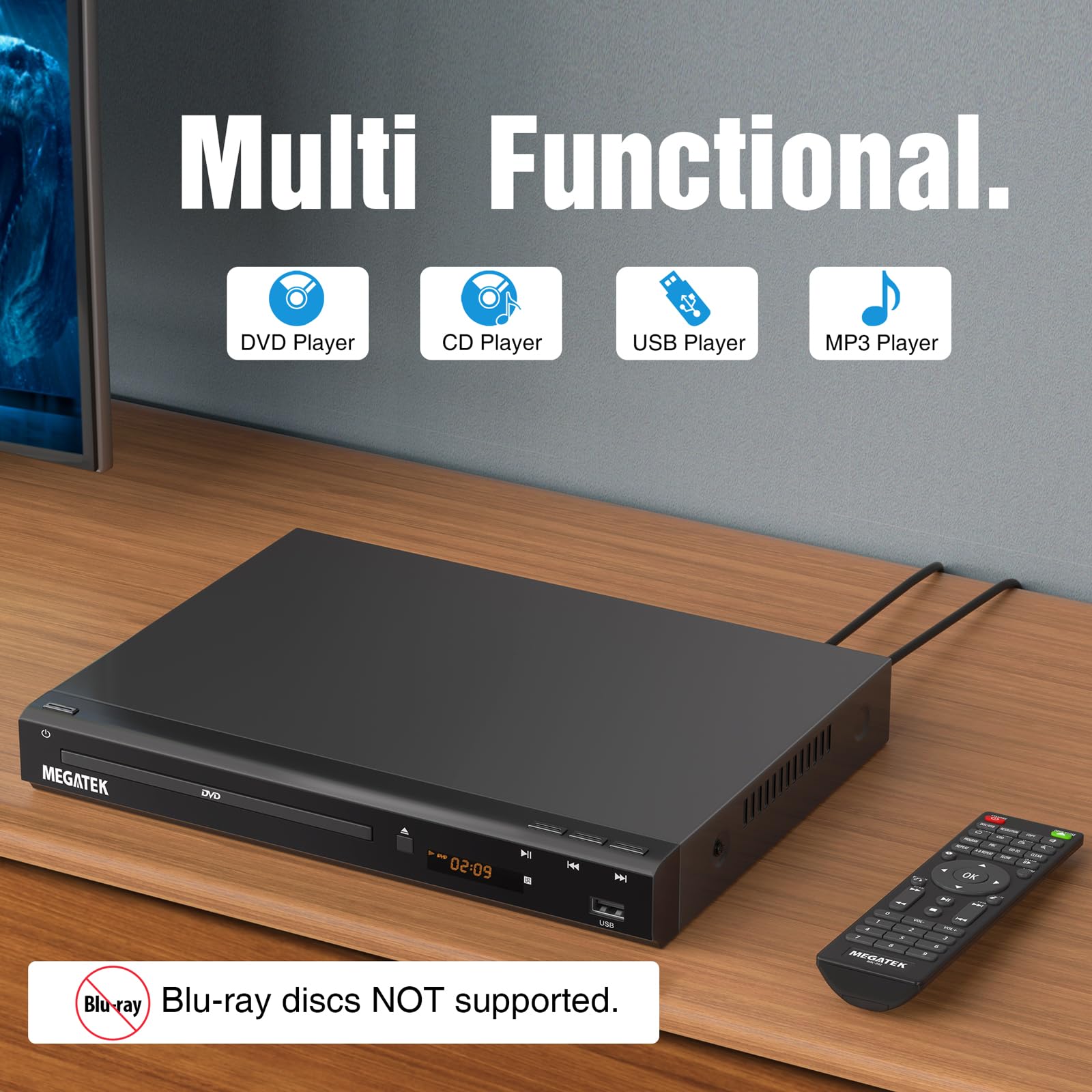 MEGATEK Region-Free HDMI DVD Player for TV, Compact CD/DVD Player with USB Port, Plays All Region DVDs & Multi Formats, Metal Housing, HDMI/RCA Cables & Remote Included