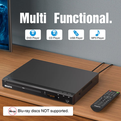 MEGATEK Region-Free HDMI DVD Player for TV, Compact CD/DVD Player with USB Port, Plays All Region DVDs & Multi Formats, Metal Housing, HDMI/RCA Cables & Remote Included