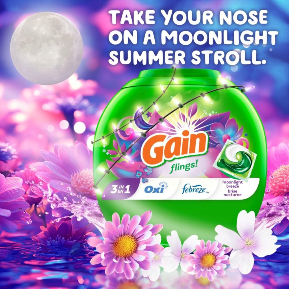 Gain Flings Laundry Detergent Pacs, 76 Count, Moonlight Breeze Scent, with Odor Defense