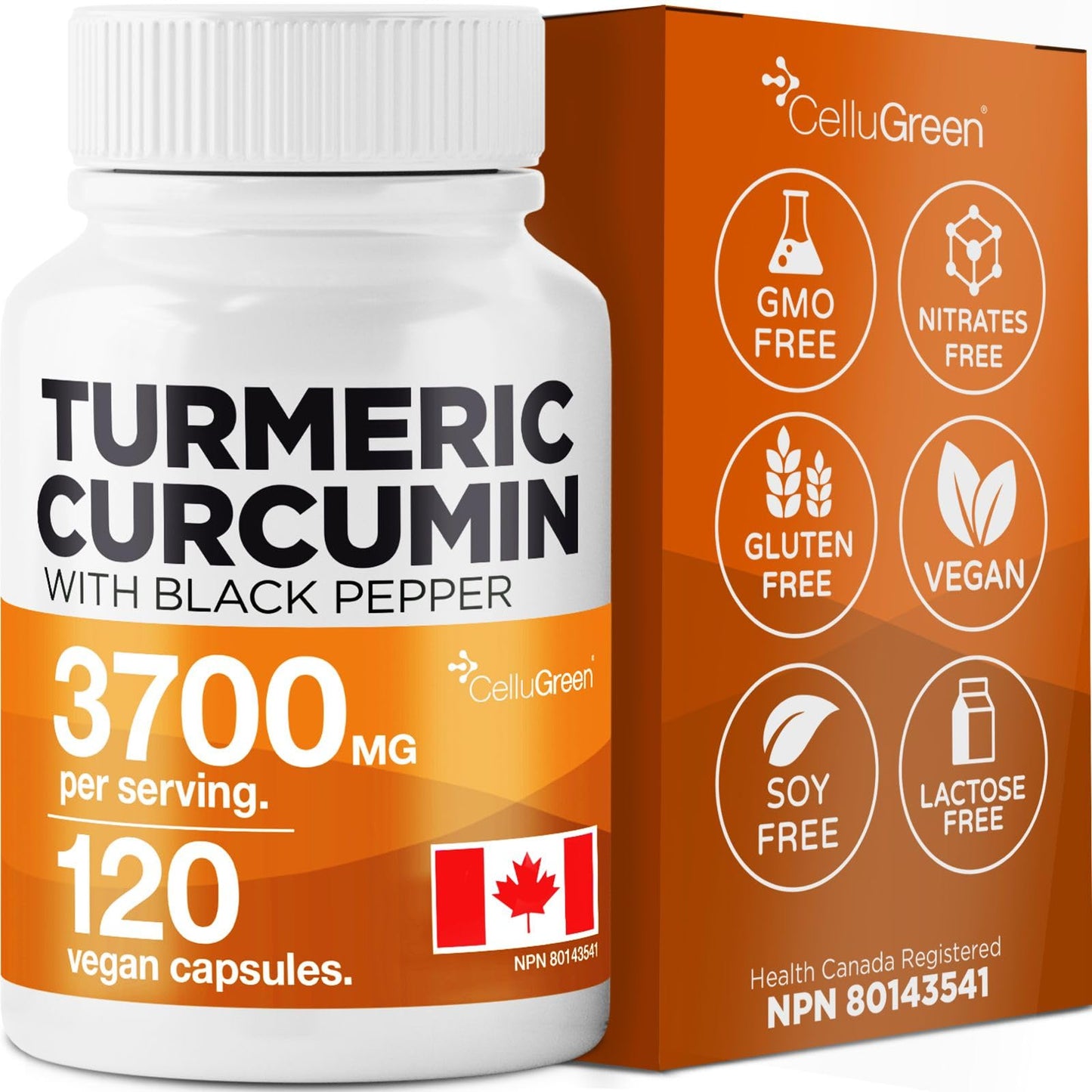 CelluGreen Turmeric Curcumin 3,700mg with Black Pepper Extract — 95% Curcuminoids for Joint Pain Relief & Anti-Inflammatory Support | Curcuma Longa | Non-GMO, Gluten-Free, Made in Canada | 120 Capsules - Available at All In One Marketplace Canada