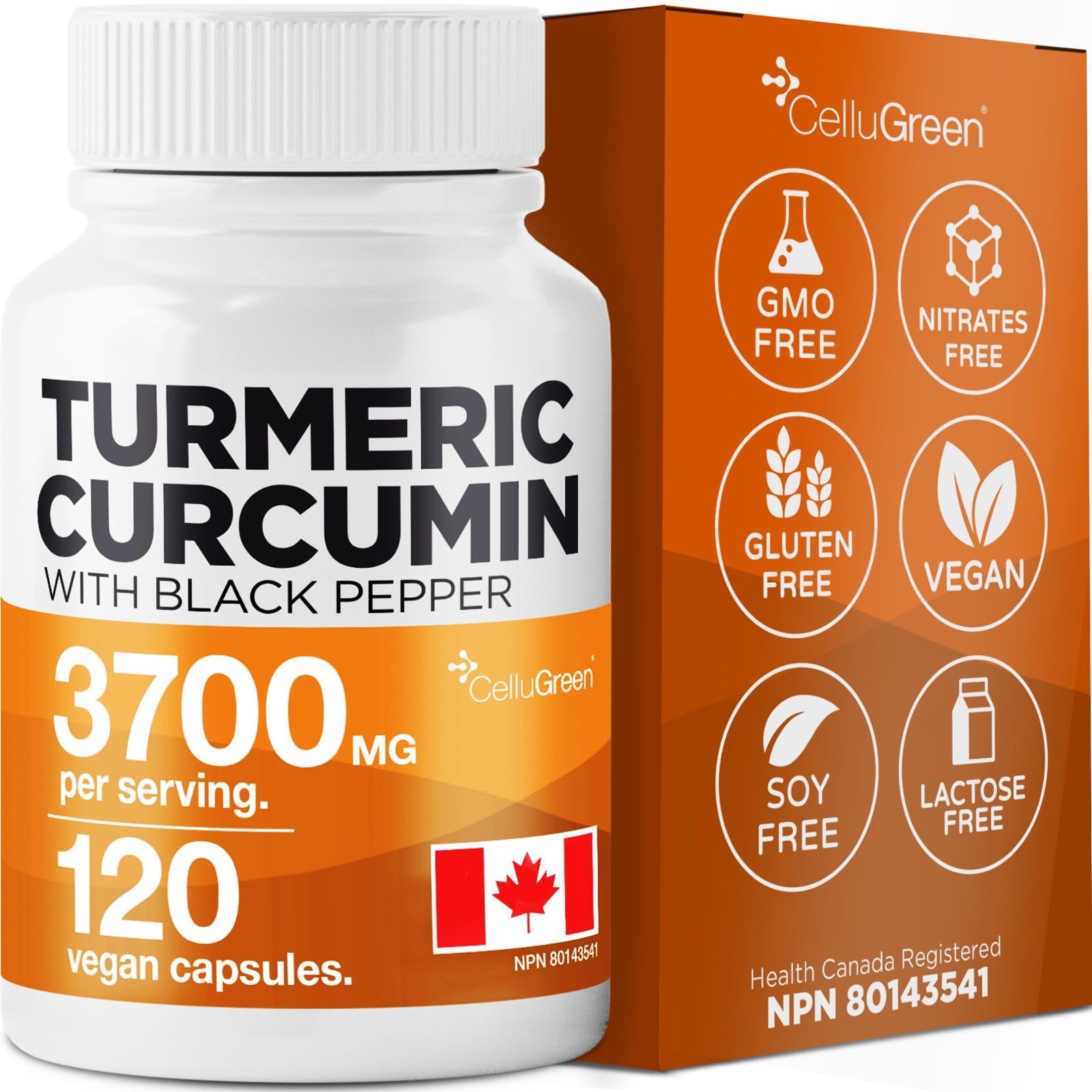CelluGreen Turmeric Curcumin 3,700mg with Black Pepper Extract — 95% Curcuminoids for Joint Pain Relief & Anti-Inflammatory Support | Curcuma Longa | Non-GMO, Gluten-Free, Made in Canada | 120 Capsules - Available at All In One Marketplace Canada