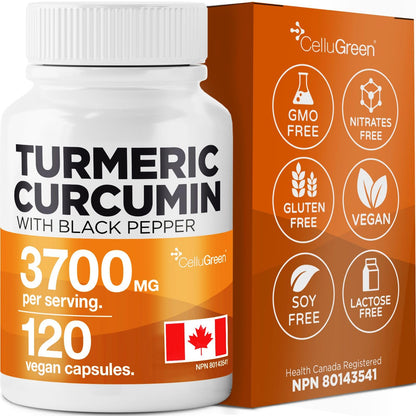 CelluGreen Turmeric Curcumin 3,700mg with Black Pepper Extract — 95% Curcuminoids for Joint Pain Relief & Anti-Inflammatory Support | Curcuma Longa | Non-GMO, Gluten-Free, Made in Canada | 120 Capsules - Available at All In One Marketplace Canada