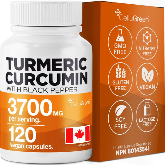 CelluGreen Turmeric Curcumin 3,700mg with Black Pepper Extract — 95% Curcuminoids for Joint Pain Relief & Anti-Inflammatory Support | Curcuma Longa | Non-GMO, Gluten-Free, Made in Canada | 120 Capsules - Available at All In One Marketplace Canada