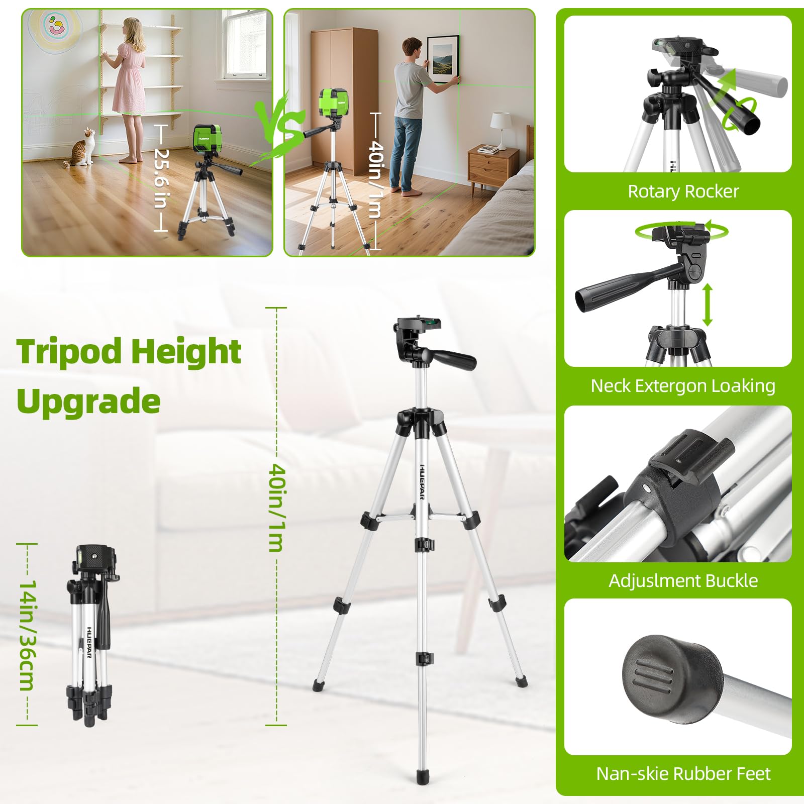 Huepar Self Leveling Laser Level with Tripod, 98Ft Green Cross Line Laser Leveler Tool for Picture Hanging, Tile, Home Renovation, Indoor Project, Battery Included, 40in Tripod - Available at All In One Marketplace Canada