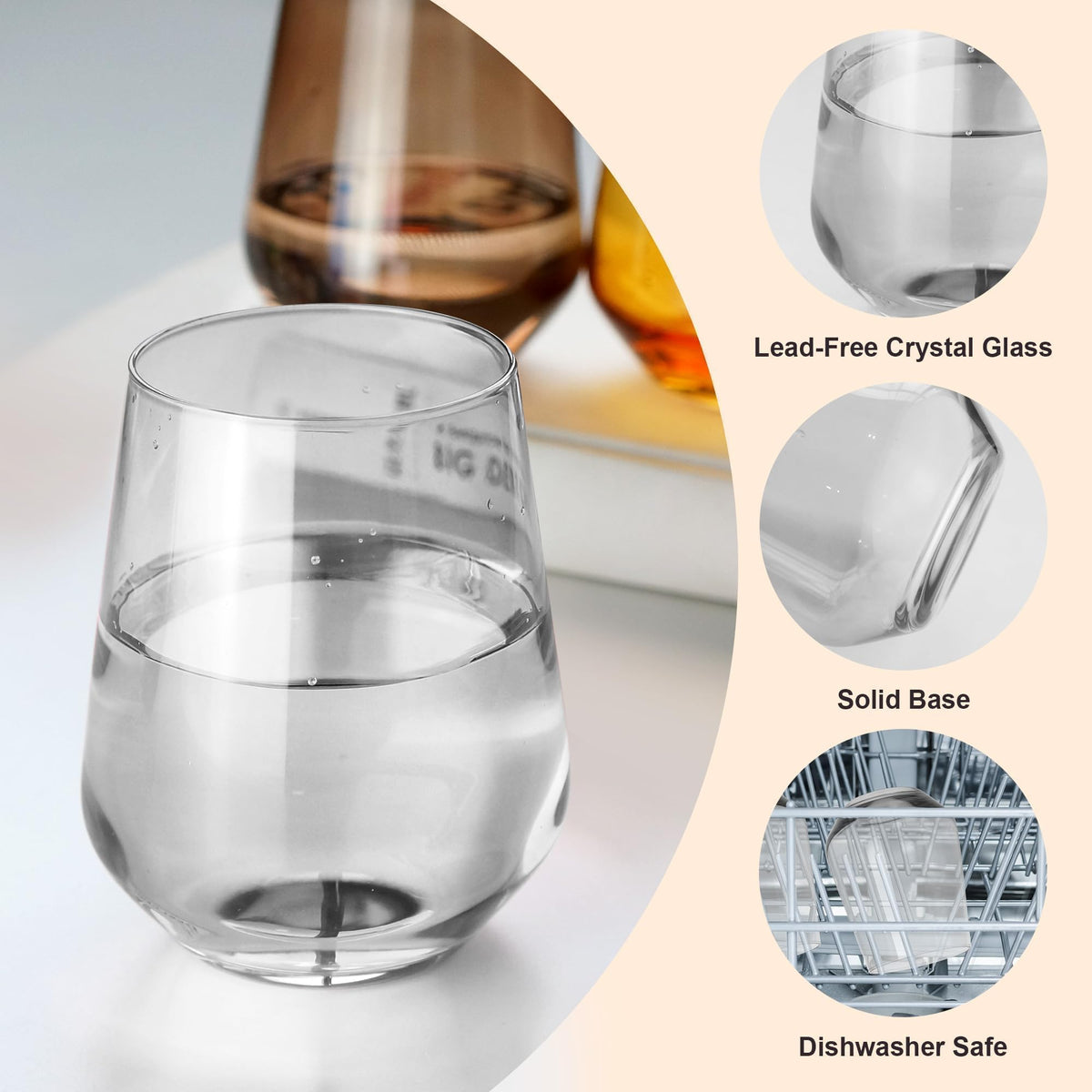 GLAZVIA Stemless Wine Glasses Set of 6, 15oz Clear Drinking Glassware 🍁 All In One Marketplace Canada