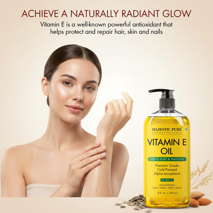 Majestic Pure Vitamin E Oil - 100% Pure & Natural, 20,000 IU | Premium Grade, Cold-Pressed and Tocopherol to Repair Dry, Damaged Skin| Moisturizing Skin, Hair and Scalp 8 Fl Oz