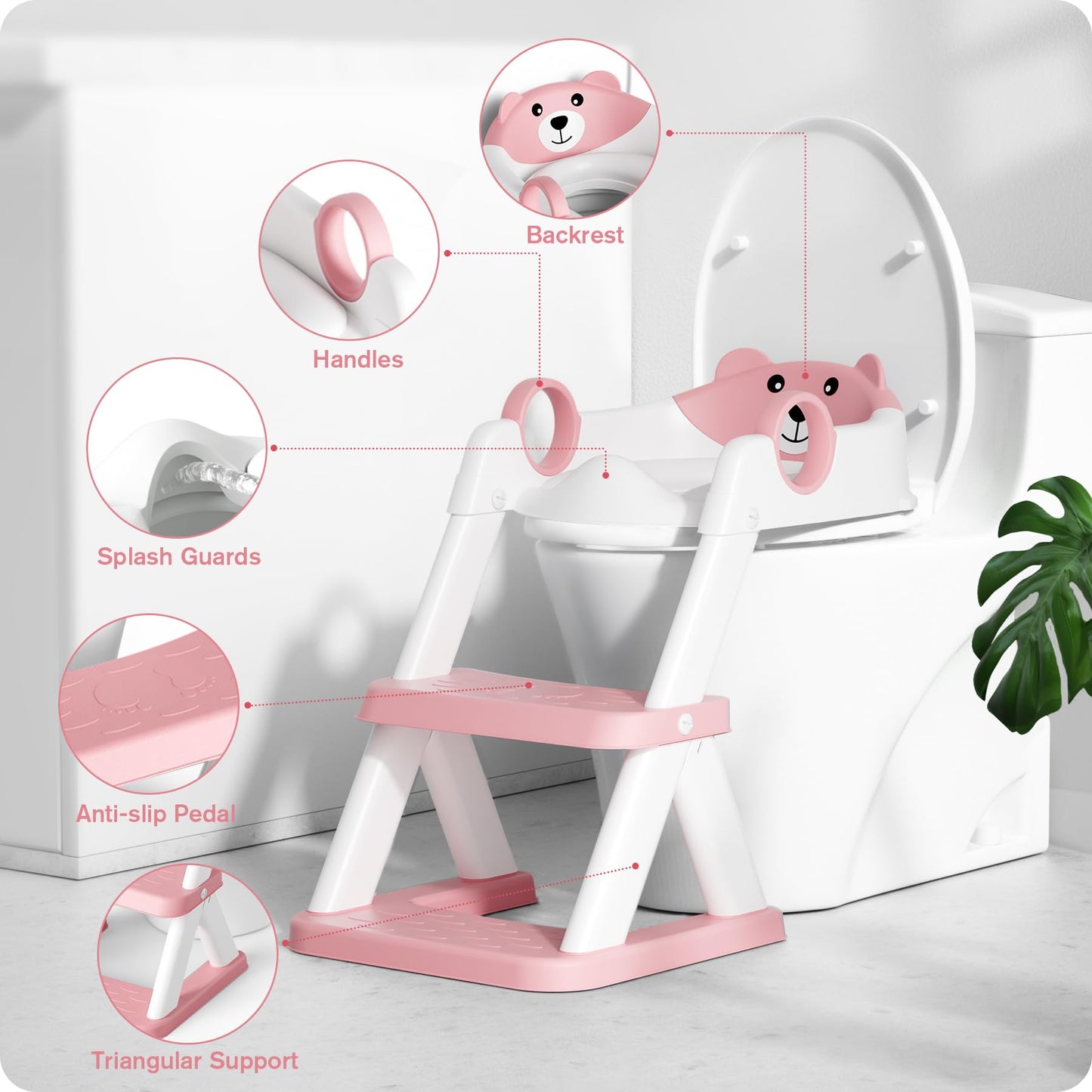 Rabb 1st Potty Training Seat, Upgrade Toddler Toilet Seat for Kids Boys Girls, 2 in 1 Potty Training Toilet for Kids, Splash Guard Anti-Slip Pad Step Stool (Pink)