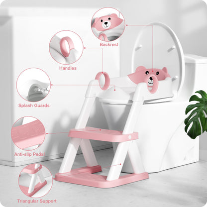 Rabb 1st Potty Training Seat, Upgrade Toddler Toilet Seat for Kids Boys Girls, 2 in 1 Potty Training Toilet for Kids, Splash Guard Anti-Slip Pad Step Stool (Pink)