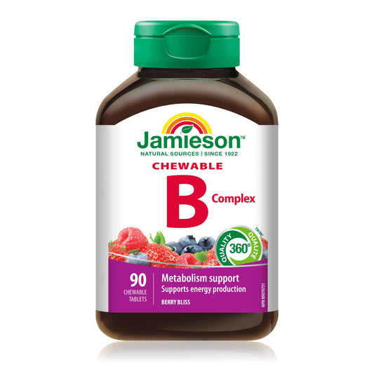 Jamieson Vitamin B Complex, 90 Chewable Tablets, Natural Berry Flavour. Naturally Energizing, Supports Metabolism, Provides Folate. Vegetarian, No Artificial Flavours, Colours or Preservatives - Available at All In One Marketplace Canada