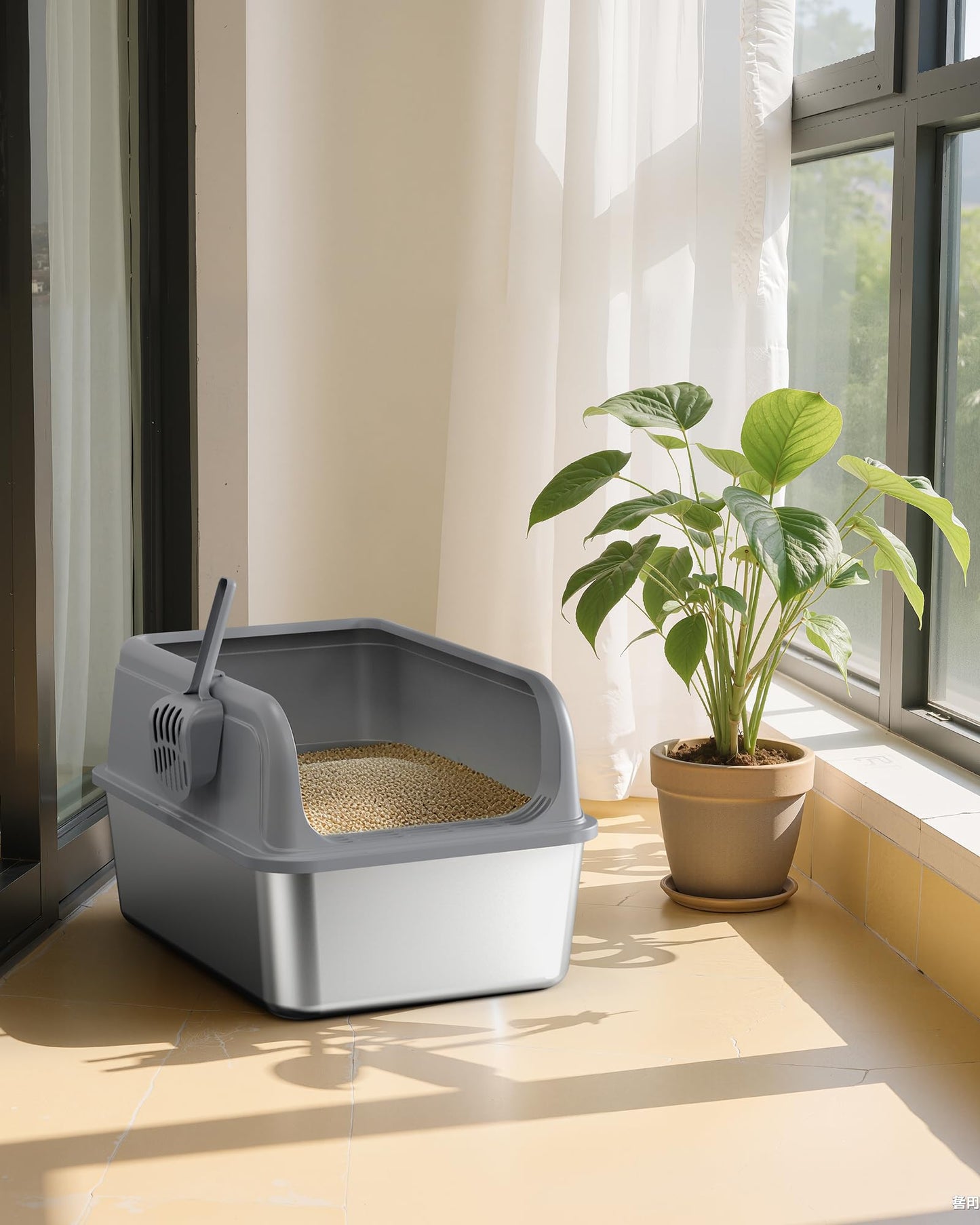 Powools Stainless Steel Cat Litter Box for Kittens, Metal Kitty Litter Box with Scoop, Anti-Leakage Top Entry, Non-Sticky, Easy to Clean, Grey, M (1 Pack) - Available at All In One Marketplace Canada