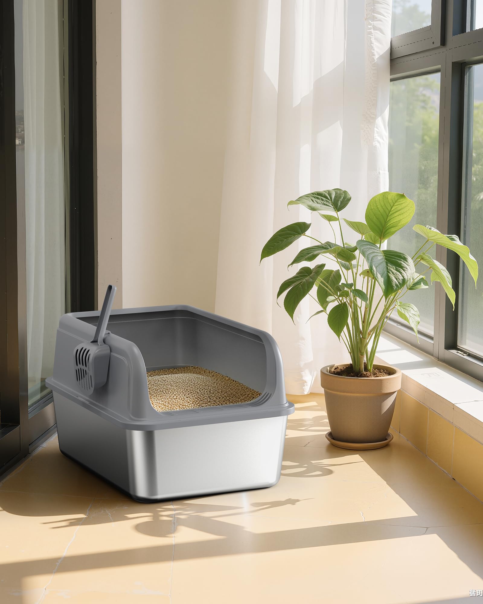 Powools Stainless Steel Cat Litter Box for Kittens, Metal Kitty Litter Box with Scoop, Anti-Leakage Top Entry, Non-Sticky, Easy to Clean, Grey, M (1 Pack) - Available at All In One Marketplace Canada
