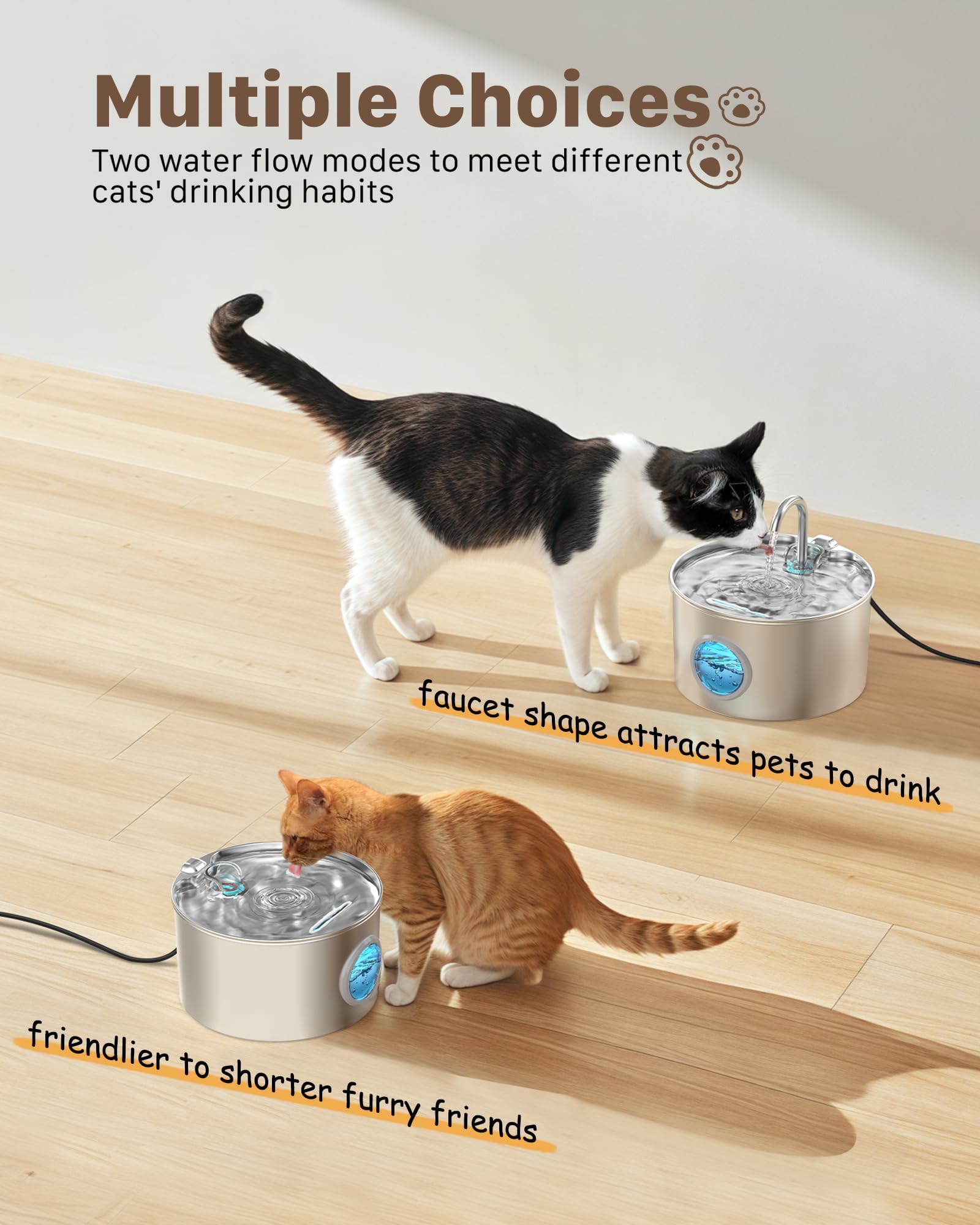 Stainless Steel Cat Water Fountain: Cat Water Dispenser - with 6 Filters + 3 Sponges - 2.2L Waters Fountain Indoor Pet - Pet Dispenser - Quiet Automatic Dog Drinking Bowl