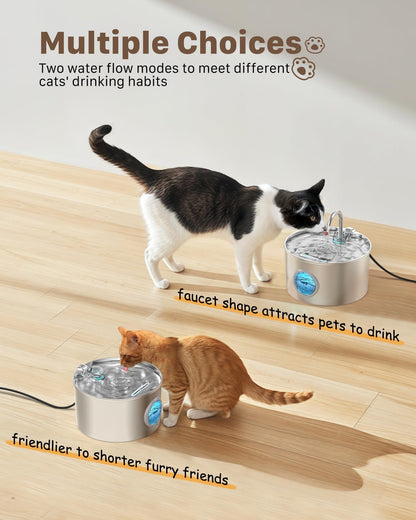 Stainless Steel Cat Water Fountain: Cat Water Dispenser - with 6 Filters + 3 Sponges - 2.2L Waters Fountain Indoor Pet - Pet Dispenser - Quiet Automatic Dog Drinking Bowl